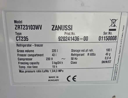 Photo of free Zanussi CT235 80/20 Fridge Freezer. ZRT23103WV (Caldecott OX14) #2