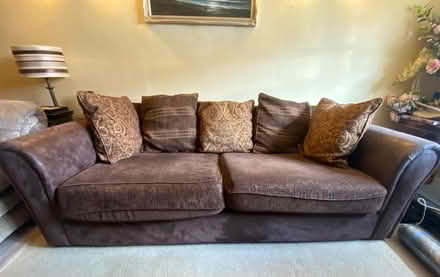 Photo of free Brown fabric and leather armed sofa (Norton St Philip) #1