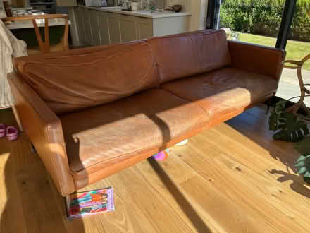Photo of free Barker and Stonehouse tan leather mid century style sofa (Calverley LS28) #1