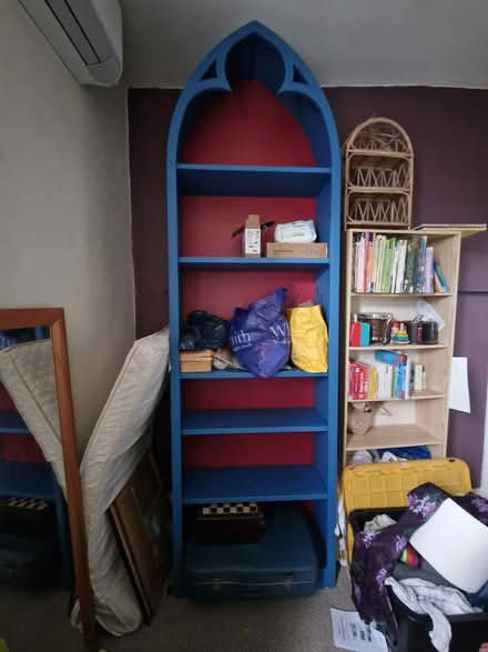 Photo of free Tall wooden bookshelf Red and blue (Plashet) #1