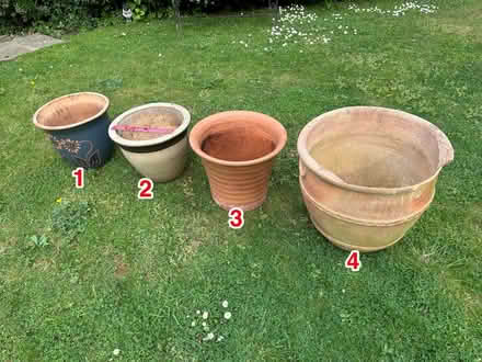 Photo of free Selection of numbered patio plant pots and stands (Shenley Church End MK5) #1