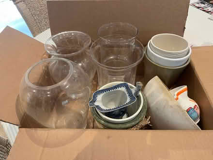 Photo of free Box of assorted glass flower vases , china plant pots &jugs (Horsted Keynes RH17) #1