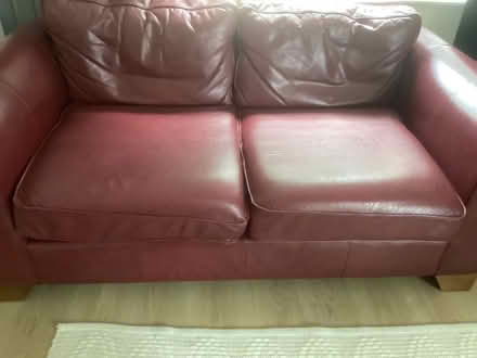 Photo of free 3 seater, 2 seater & storage pouffe- M&S burgundy leather (Barkham RG41) #3