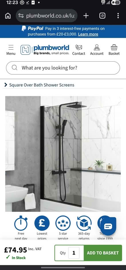 Photo of free Bath Shower Screen 800mm Black (Sw2 4uy) #1