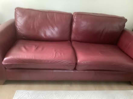 Photo of free 3 seater, 2 seater & storage pouffe- M&S burgundy leather (Barkham RG41) #1