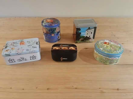 Photo of free Five decorative tins, two of which have a musical box (Stoke Hammond MK17) #1