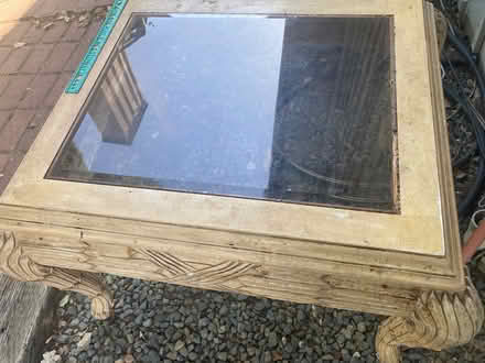Photo of free 24 in.2 wooden end table with glass (Foothill Boulevard Cupertino) #1