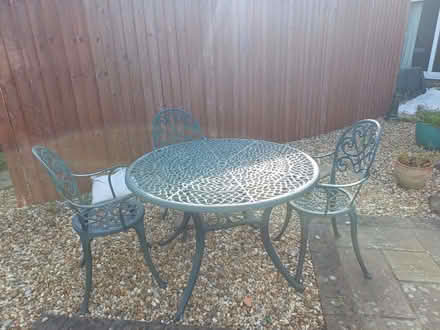 Photo of free Green Alloy Garden Table with Three Chairs (Dean Row SK9) #1