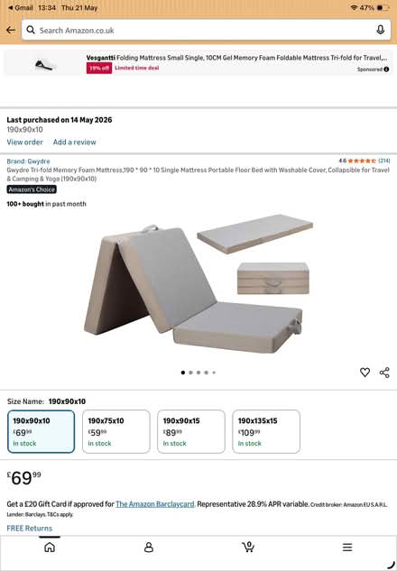 Photo of free A brand new unused tri-fold memory foam single mattress (Grandpont OX1) #1
