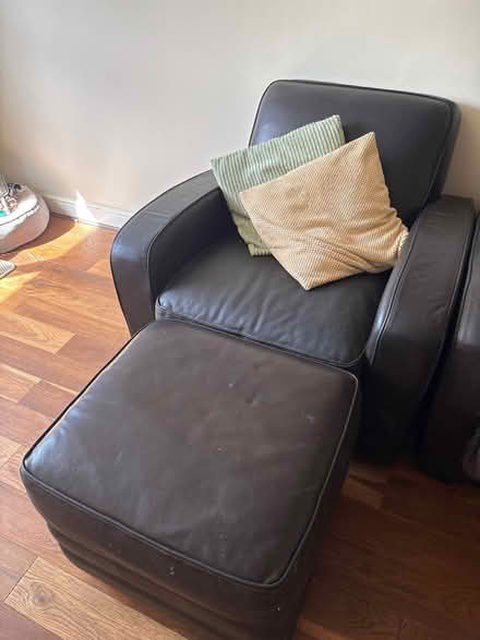 Photo of free Brown sofa chair, 3 seater and footstool (Micklefield HP13) #1