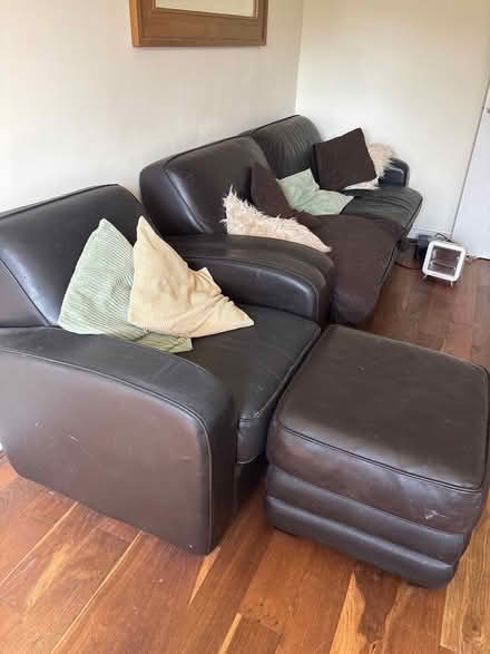 Photo of free Brown sofa chair, 3 seater and footstool (Micklefield HP13) #2