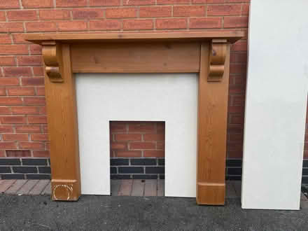 Photo of free Wooden fire surround with marble look backplate and hearth (Oxton CH43) #2