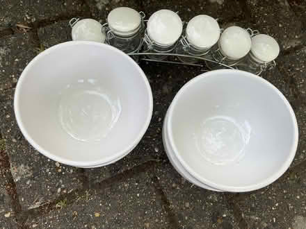 Photo of free 4 White Bowls and 5 glass jars (BR6) #1