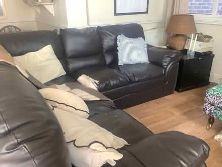 Photo of free Brown leather corner sofa some marks but lots of life left i (Burgess Hill RH15) #1