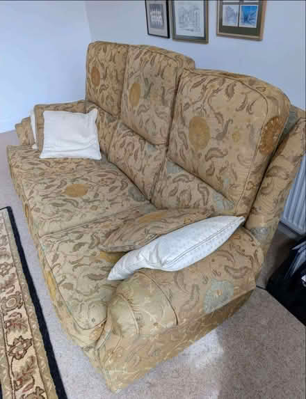 Photo of free Gold patterned 3 seatersofa recently steamed cleaned (Altrincham WA15) #1