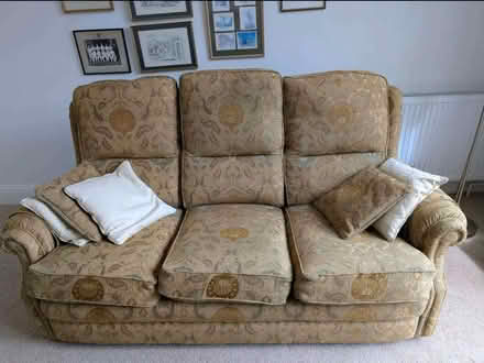 Photo of free Gold patterned 3 seatersofa recently steamed cleaned (Altrincham WA15) #2
