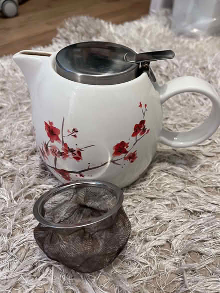 Photo of free Ceramic teapot with strainer blossom on white (Hale End IG8) #2