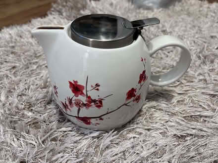 Photo of free Ceramic teapot with strainer blossom on white (Hale End IG8) #1