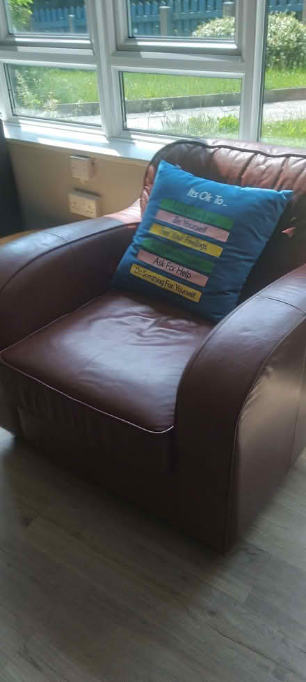 Photo of free Two brown leather armchairs (Harlow Fields DE22) #1