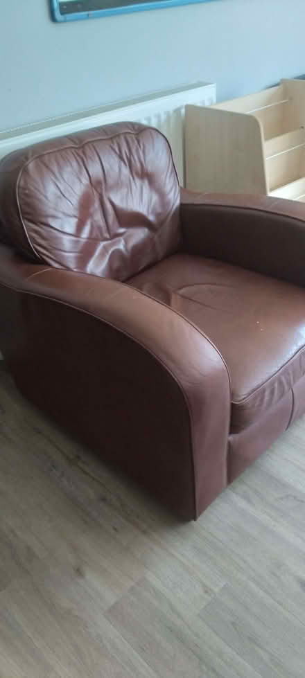 Photo of free Two brown leather armchairs (Harlow Fields DE22) #2