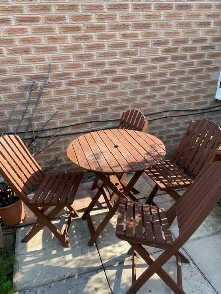 Photo of free 2 Old wooden garden tables and 4 chairs (Meanwood LS6) #1