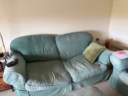 Photo of free Green sofa bed 2 arm chairs & pouffe with spare covers (Northam EX39) #1
