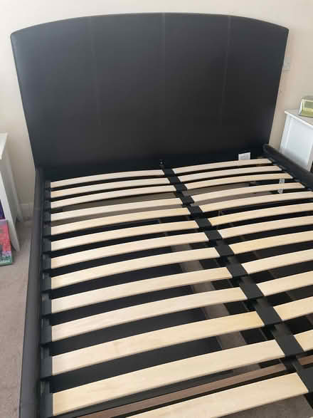 Photo of free King size dark brown faux leather bedstead with 2 drawers (Little Kingshill HP16) #1