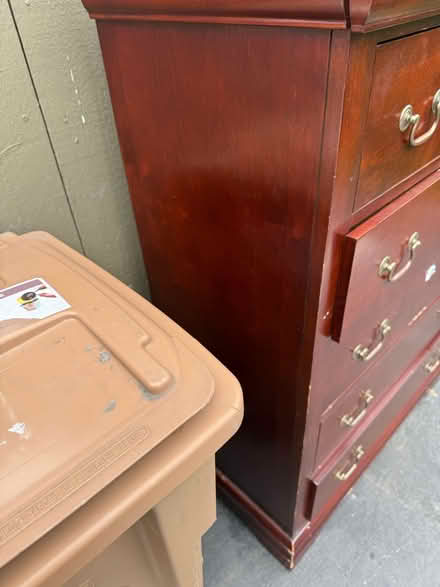 Photo of free 5-drawer wood dresser,brass handles (1075 Valencia Avenue) #3