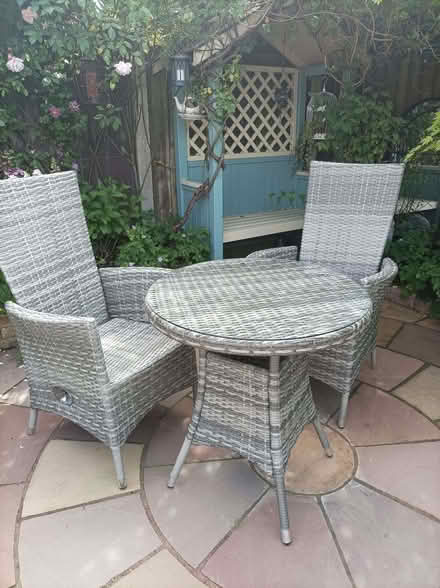 Photo of free Grey rattan bistro set with cushions (Bidston Hill CH43) #2