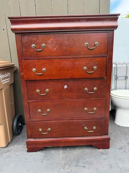 Photo of free 5-drawer wood dresser,brass handles (1075 Valencia Avenue) #1