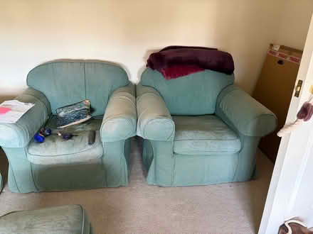 Photo of free Green sofa bed 2 arm chairs & pouffe with spare covers (Northam EX39) #2