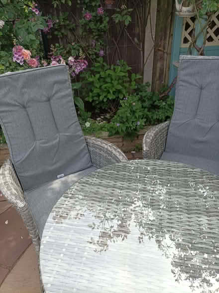 Photo of free Grey rattan bistro set with cushions (Bidston Hill CH43) #1