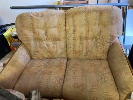 Photo of free Two-seater wooden frame sofa and matching armchair (Grappenhall WA4) #1