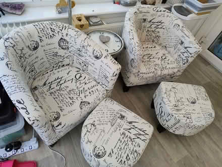 Photo of free 2 Fabric tub chairs and 2 foot stools (Welling DA16) #1