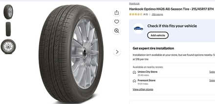 Photo of free Hankook Optimo H426 215/45R17 87H (El Granada, CA) #1