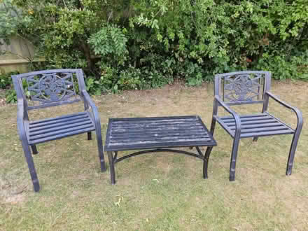 Photo of free 2 x metal garden chairs and coffee table (Kempshott RG22) #1