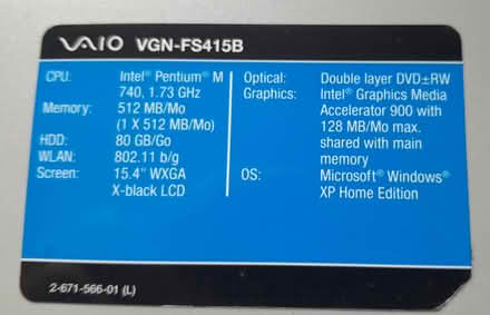 Photo of free Sony Vaio VGN-FS415B Laptop (Ross on Wye, HR9) #2