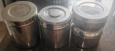 Photo of free 4 stainless steel storage containers, 2 tall, 2 circular (South Oxhey WD19) #1