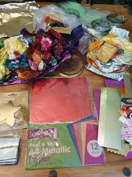 Photo of free Assorted craft bits fabric off-cuts shiny card & wrappers ++ (Hungerford RG17) #1