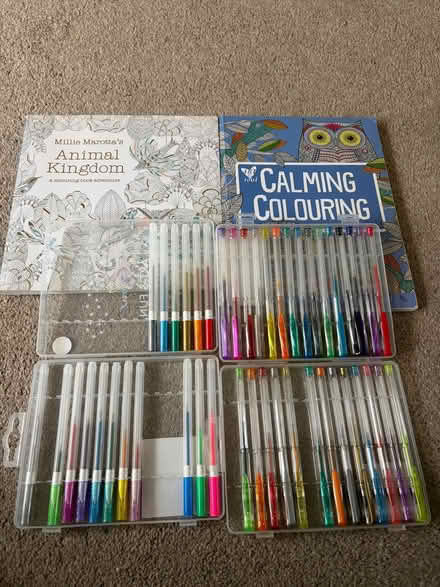 Photo of free 2 part used adult colouring books and gel pens (Longbarn WA2) #2