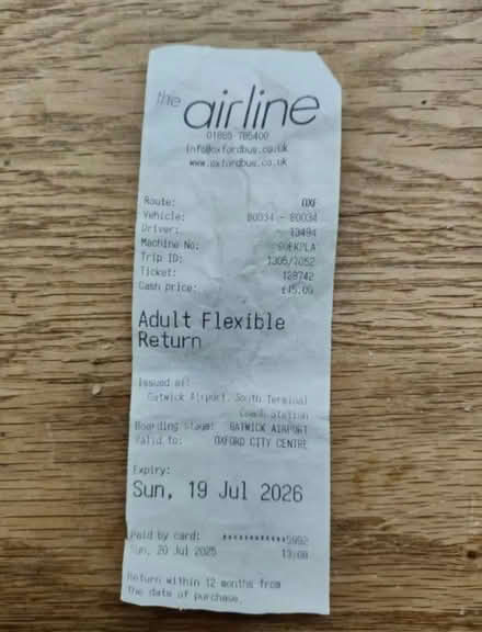 Photo of free One Way bus Ticket to Gatwick (Cowley OX4) #1