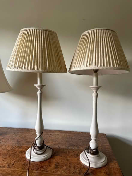 Photo of free Pair of table lamps, creamy yellow material shade (Bosham PO18) #1