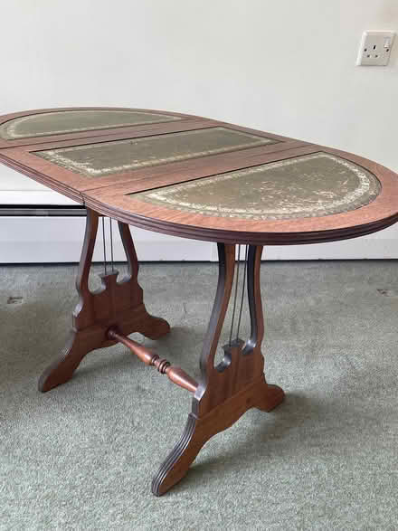 Photo of free Side table, wood with green leather decorated top (Bosham PO18) #2