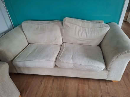 Photo of free Cream sofa, 2 chairs and poofy (Little Chicksands SG17) #2