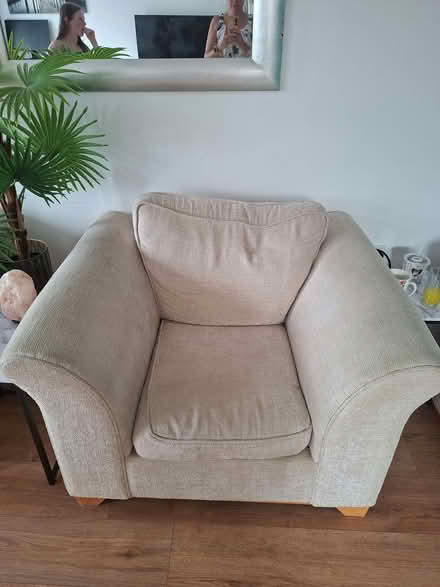 Photo of free Cream sofa, 2 chairs and poofy (Little Chicksands SG17) #3