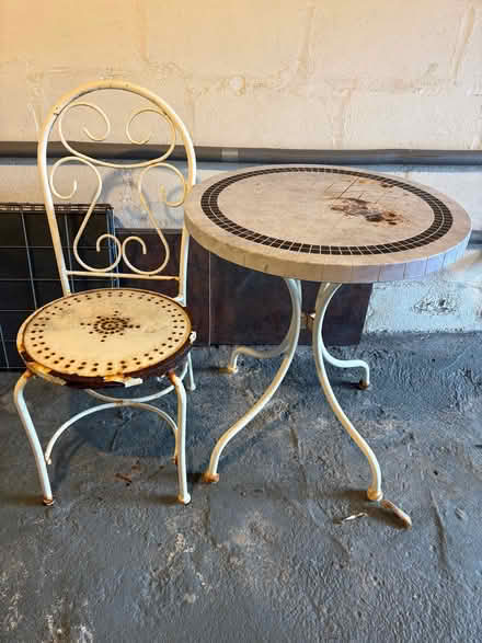 Photo of free Outdoor bistro patio table and chair with a mosaic border (Ferryhill AB11) #1