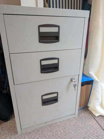 Photo of free Grey metal 3 drawer lockable filing cabinet (Bossiney PL34) #1