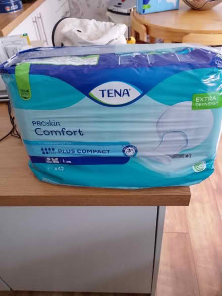 Photo of free Large Tena incontinence pads 42 in pack.pads. 3packs of (Wood Top BB4) #1