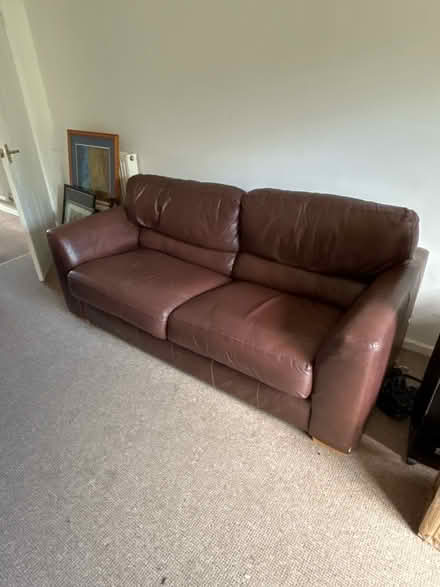 Photo of free 2 seater Brown Leather Sofa (Milton Keynes village MK10) #1