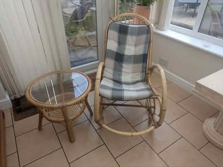 Photo of free Rattan rocking chair & glass top-side table (Yate BS37) #1